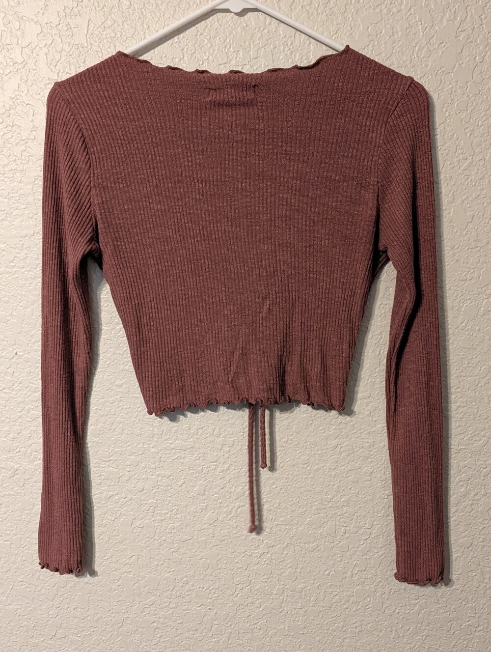 Altar'd State Ribbed Drawstring V-Neck Long Sleeve Crop Top Brick Red/Orange, M - Picture 6 of 6